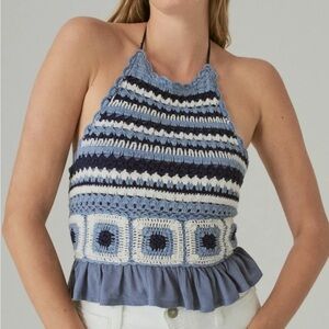 Lucky Brand Navy and White Crochet Crop halter top size XXL